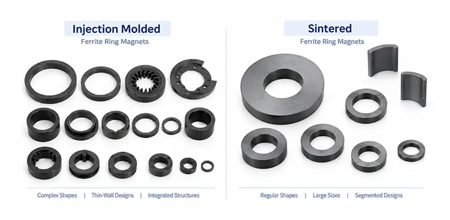 Differences in shape, size and structural design of ferrite ring magnets